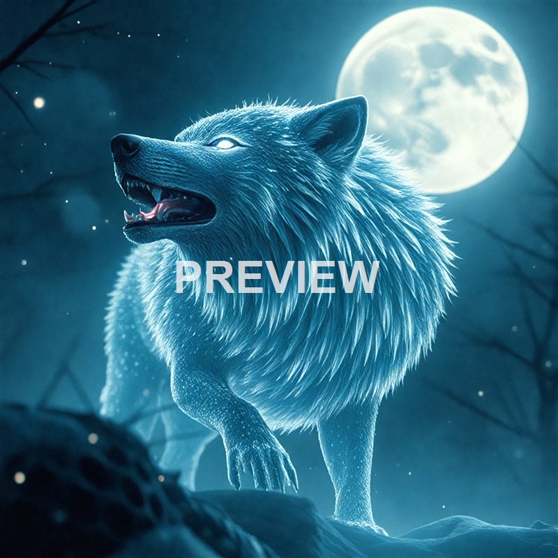 A glowing blue wolf with sharp teeth and glowing eyes standing under a full moon in a dark, misty forest.